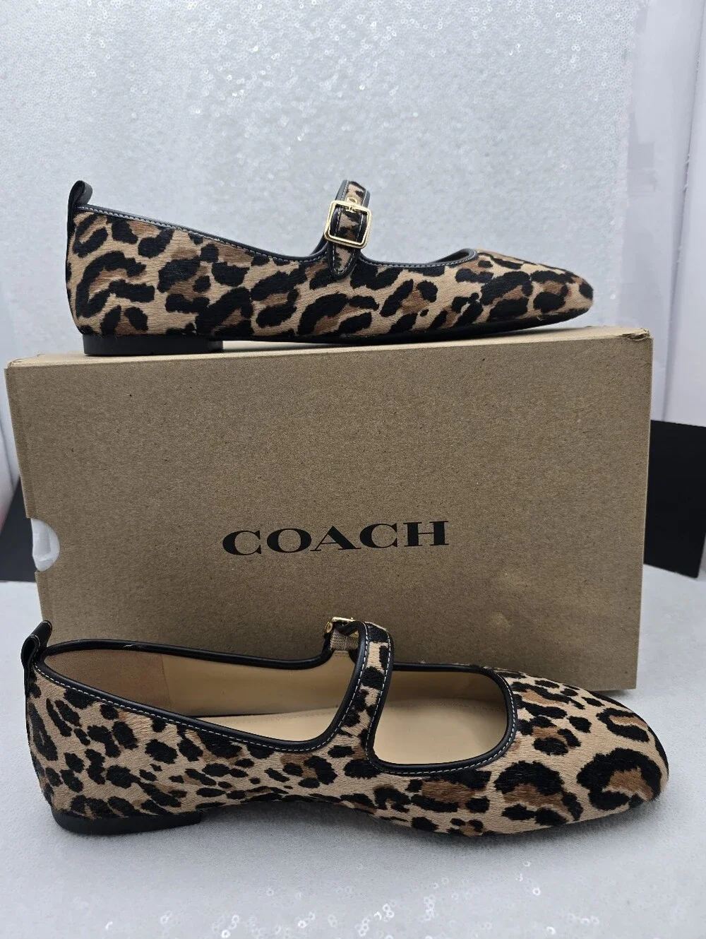 Coach C Rivet Mary Jane with Leopard Print Calfhair Women's sz 10 Tan & Black